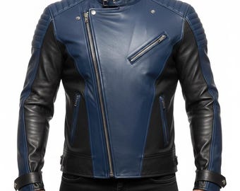 Giacca da motociclista in pelle blu e nera da uomo, fatta a mano