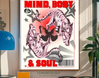 Puede incluir: Una impresión artística enmarcada con un diseño rojo y blanco. La impresión presenta dos tigres rosas estilizados, una mariposa negra y las palabras "MIND, BODY & SOUL" en rojo. La impresión también incluye el texto "LUNARCOLOGY + DIGITAL PRINTS".