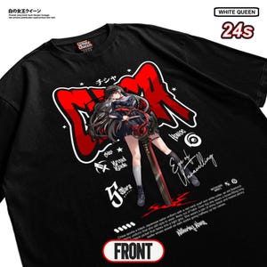 May include: Black t-shirt with a graphic anime-style design. The design features a girl in a Japanese sailor uniform, the word "CHA" in red and white, and other text and graphics. The shirt also has the text "WHITE QUEEN" and "24s".