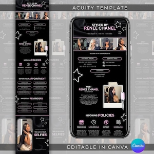 Puede incluir: Una plantilla digital Acuity en blanco y negro para una estilista llamada Styled by Renee Chanel. El diseño incluye horario comercial, información de contacto, ubicación, políticas de reserva y una foto de una persona con cabello largo y oscuro.