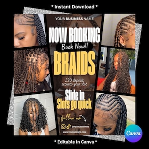Now Booking Braids Flyer Template | Editable in Canva