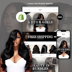 Modelo de site Shopify para marcas de cabelo de luxo | 10 banners do Canva | Otimizado para dispositivos móveis | Download instantâneo para marcas de extensões de cabelo