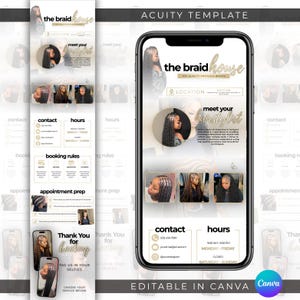 Peut inclure: Un modèle de planification Acuity numérique pour un salon de coiffure nommé The Braid House. Le design présente un schéma de couleurs blanc et doré, incluant des sections pour les contacts, les horaires, les règles de réservation et des photos.