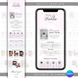 May include: A digital Acuity scheduling template for Nails by Dahlia featuring a light pink and white color scheme. The layout includes sections for contact information, business hours, booking policies, client feedback, and a list of nail services.