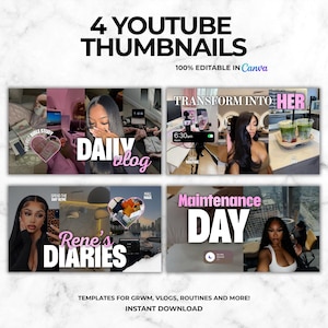 Puede incluir: Un conjunto de cuatro plantillas de miniaturas para YouTube editables en Canva. Los gráficos presentan diversas imágenes de estilo de vida, incluyendo vlogs, rutinas diarias y diseños tipo diario con superposiciones de texto en negrita.