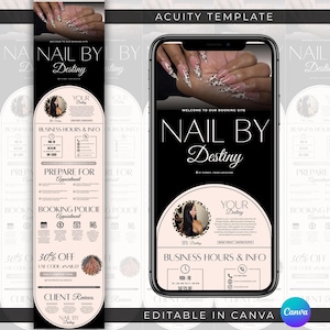 May include: A promotional graphic for "Nail By Destiny" featuring a smartphone displaying a nail design and a vertical banner. The design includes the business name, contact info, and booking details. The color scheme is black, white, and pink.