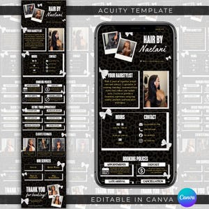 May include: A black and white digital template for a hair stylist, featuring the text "Hair by Naelani." The template includes sections for hours, contact information, booking policies, and client feedback. The design incorporates leopard print and bow accents.