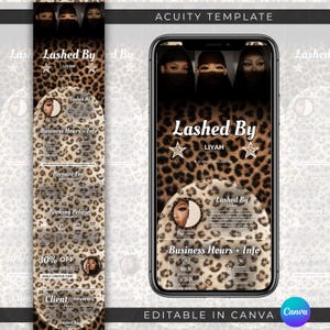 Op de afbeelding: Een smartphone scherm en een verticale banner met een luipaardprint. De telefoon toont de tekst "Lashed By Liyah" met sterren. De banner bevat bedrijfsinformatie en een kortingsaanbieding.