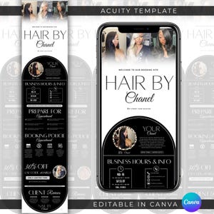 May include: A black and white digital template for a hair salon, featuring the text "Hair by Chanel" and a phone mockup. The template includes sections for booking information, business hours, and client reviews. The design is editable in Canva.