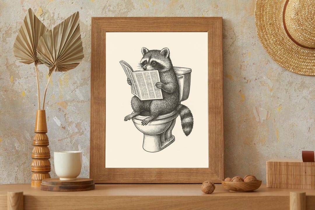 Retro Raccoon on Toilet Print | Funny Bathroom Wall Art | Raccoon ...