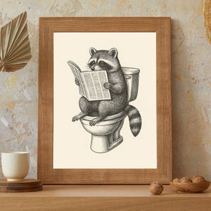 Retro Raccoon on Toilet Print | Funny Bathroom Wall Art | Raccoon Poster Decor | Playful Raccoon Art | Digital PNG Download