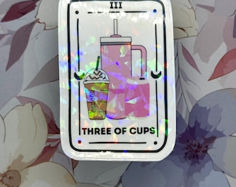 Three of Cups Tarot Sticker | Holographic Vinyl, Coffee Lover Gift