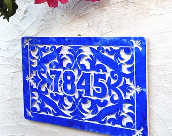 PVC Talavera majolica tile inspired plaque -Spanish house number- blue ceramic style with a nod to the iconic Mexican pottery from Puebla