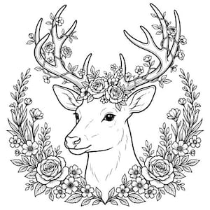 May include: A black and white line art illustration of a deer head facing forward. The deer has large antlers adorned with climbing vines and blooming roses. A circular wreath of various flowers and leaves frames the deer's head and neck.