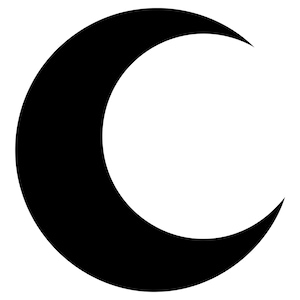 Op de afbeelding: Een effen zwarte grafische illustratie van een maansikkelvorm. Het ontwerp heeft een glad, gebogen silhouet met twee punten die naar de rechterkant wijzen, wat een eenvoudig en gedurfd hemels icoon creëert tegen een witte achtergrond.