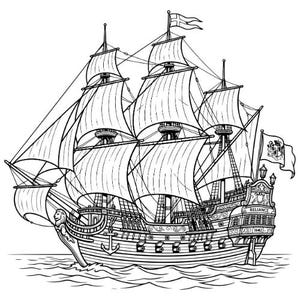 May include: A black and white line drawing of a large sailing ship on the water. The ship features multiple masts with full sails, a lion figurehead at the bow, and a flag at the stern labeled RELIANCE 1642. An anchor is visible on the hull.