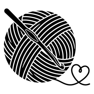 May include: A black and white graphic illustration of a round ball of yarn with a crochet hook resting diagonally across the center. A single strand of yarn extends from the ball, forming a simple heart shape at the bottom right of the design.