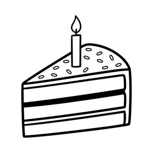 May include: A black and white line art illustration of a single triangular slice of cake. The cake features two distinct layers with a filling in between, topped with small oval sprinkles and a single lit birthday candle with a flame.
