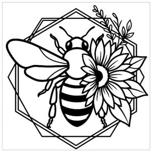 May include: A black and white line art illustration featuring a bee centered within a geometric hexagonal frame. The bee is positioned next to a large sunflower bloom with a leafy stem extending upwards, all rendered in clean, bold black outlines.