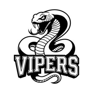 Puede incluir: Una ilustración gráfica en blanco y negro de una víbora enroscada con la boca abierta, mostrando colmillos y una lengua bífida. Debajo de la serpiente, la palabra VIPERS está escrita en una fuente de bloque negrita con un borde negro grueso.