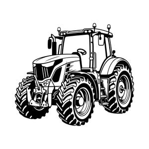 Könnte beinhalten: Eine schwarz-weiße grafische Illustration eines landwirtschaftlichen Traktors. Das Fahrzeug verfügt über große Reifen mit tiefem Profil, einen Frontgrill, eine Kabine mit Fenstern, ein Lenkrad und eine Leiter an der Seite. Das Design nutzt kräftige Linien.