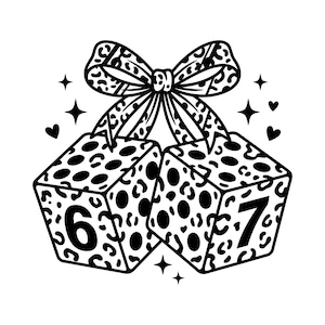 May include: A black and white graphic illustration of two dice featuring a leopard print pattern. The left die displays the number 6 and the right die displays the number 7. A large leopard print bow sits atop the dice, surrounded by small stars and hearts.