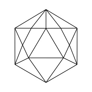 May include: A black and white line drawing of an icosahedron, a geometric solid shape featuring twenty triangular faces. The illustration consists of thin, uniform black lines forming a symmetrical, complex polyhedral structure on a white background.