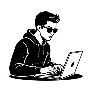 May include: A black and white graphic illustration of a person wearing a hooded sweatshirt and dark sunglasses, typing on a laptop computer. The design features high-contrast lines and solid black shapes to depict the figure and the device.