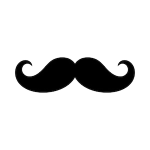 May include: A solid black graphic illustration of a handlebar moustache. The design features a thick, central body that tapers outward into two distinct, upward-curling points on each side, creating a symmetrical and stylised facial hair shape.