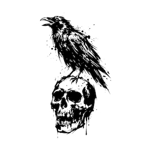 Könnte beinhalten: Eine schwarz-weiße grafische Illustration, die einen Raben zeigt, der auf einem menschlichen Schädel sitzt. Das Kunstwerk verwendet kontrastreiche Tuschestriche und Spritzer, um den Vogel mit offenem Schnabel und den Schädel darzustellen.