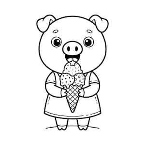 May include: A black and white line art illustration of a pig wearing a simple dress. The pig is holding a large ice cream cone with three scoops, each topped with a small star shape. The character has large eyes and a wide, happy expression.