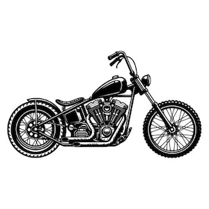 May include: A black and white graphic illustration of a custom chopper motorcycle shown from a side profile. The motorcycle features a large V-twin engine, high handlebars, a teardrop fuel tank, a solo seat, and spoked wheels with tires.