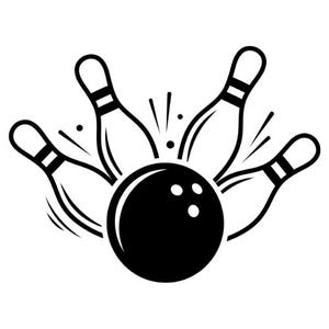 Può includere: Un'illustrazione grafica in bianco e nero di una palla da bowling nera che colpisce quattro birilli bianchi. I birilli sono posizionati in una formazione sparsa attorno alla palla, con linee di movimento e piccoli punti.