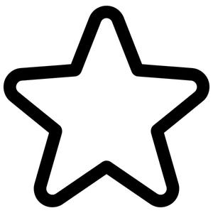 Puede incluir: Un icono de estrella de cinco puntas representado con un contorno negro grueso y un centro blanco. La forma presenta esquinas redondeadas y puntas simétricas, creando una representación gráfica clara y audaz del símbolo de estrella.