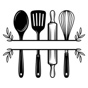 May include: A black and white graphic illustration featuring a split design with a horizontal banner in the centre. The design includes a spoon, a slotted spatula, a rolling pin, and a wire whisk, all framed by decorative leaf sprigs on both sides.