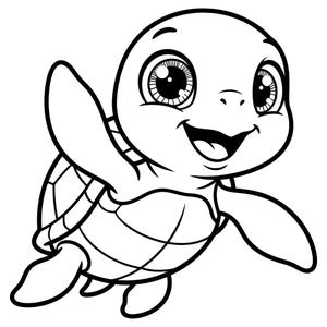 Puede incluir: Una ilustración de arte lineal en blanco y negro de una pequeña tortuga marina con ojos grandes y expresivos y una amplia sonrisa feliz. La tortuga se muestra en movimiento de nado con una aleta levantada, contornos claros y un patrón de caparazón simple.