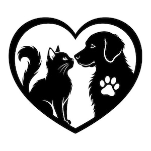 Könnte beinhalten: Ein schwarz-weißes Grafikdesign mit der Silhouette einer Katze und eines Hundes, die sich innerhalb einer Herzform gegenüberstehen. Die Katze befindet sich links und der Hund rechts, mit einem weißen Pfotenabdruck auf der Brust des Hundes.