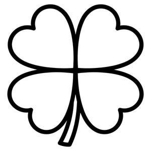 May include: A simple black and white line drawing of a four-leaf clover. The graphic features four symmetrical heart-shaped leaves arranged in a cross pattern with a single short stem extending from the bottom center of the clover illustration.