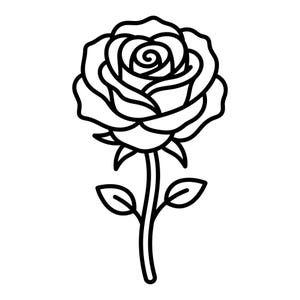 Könnte beinhalten: Eine schwarz-weiße Strichzeichnung einer einzelnen Rose. Das Design zeigt eine detaillierte Rosenblüte mit geschichteten Blütenblättern, einer zentralen Spirale, einem schlanken Stiel und zwei symmetrischen Blättern an den Seiten des Stiels.
