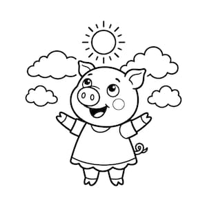 Könnte beinhalten: Eine schwarz-weiße Strichzeichnung eines fröhlichen Schweins, das ein einfaches Kleid mit kurzen Ärmeln trägt. Das Schwein hat die Arme erhoben und blickt zu einer Sonne mit strahlenden Linien auf, umgeben von vier flauschigen Wolken im Hintergrund.