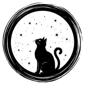May include: A circular graphic illustration featuring a solid black cat sitting in profile, looking upward. The cat is framed by a thick, textured black circular border against a white background, with small black stars scattered throughout the space.