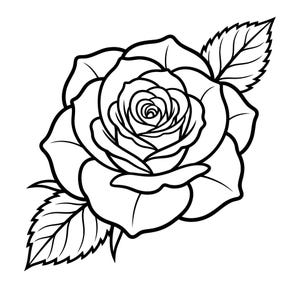Peut inclure: Une illustration en noir et blanc au trait représentant une rose en pleine floraison. Le dessin présente des pétales détaillés disposés en cercle, avec deux feuilles dentelées s'étendant sur les côtés en haut à droite et en bas à gauche.