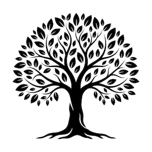Puede incluir: Una ilustración gráfica en blanco y negro de un árbol de hoja caduca con un tronco grueso, raíces extendidas y una copa densa y redondeada llena de numerosas hojas puntiagudas. El diseño presenta un alto contraste y formas sólidas.