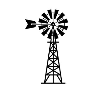 Puede incluir: Una ilustración gráfica en blanco y negro de un molino de viento agrícola. El diseño presenta una torre de celosía alta y cónica que sostiene una rueda circular con múltiples aspas y una veleta direccional, todo en una silueta negra sólida.