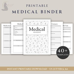 May include: A printable medical binder with the title "Medical Binder" in a white rectangle. The binder cover has a pattern of medical icons. The image includes templates for medication, contacts, and ER visits. The text "40+ TEMPLATES" is also visible.