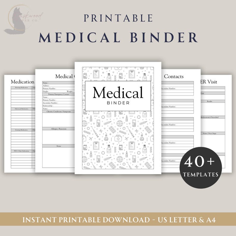 May include: A printable medical binder with the title "Medical Binder" in a white rectangle. The binder cover has a pattern of medical icons. The image includes templates for medication, contacts, and ER visits. The text "40+ TEMPLATES" is also visible.