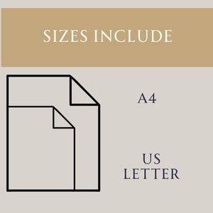 May include: Image showing paper size options. The text "SIZES INCLUDE" is at the top. Below, a diagram of two paper sizes is shown, with the text "A4" and "US LETTER" to the right of the diagram.