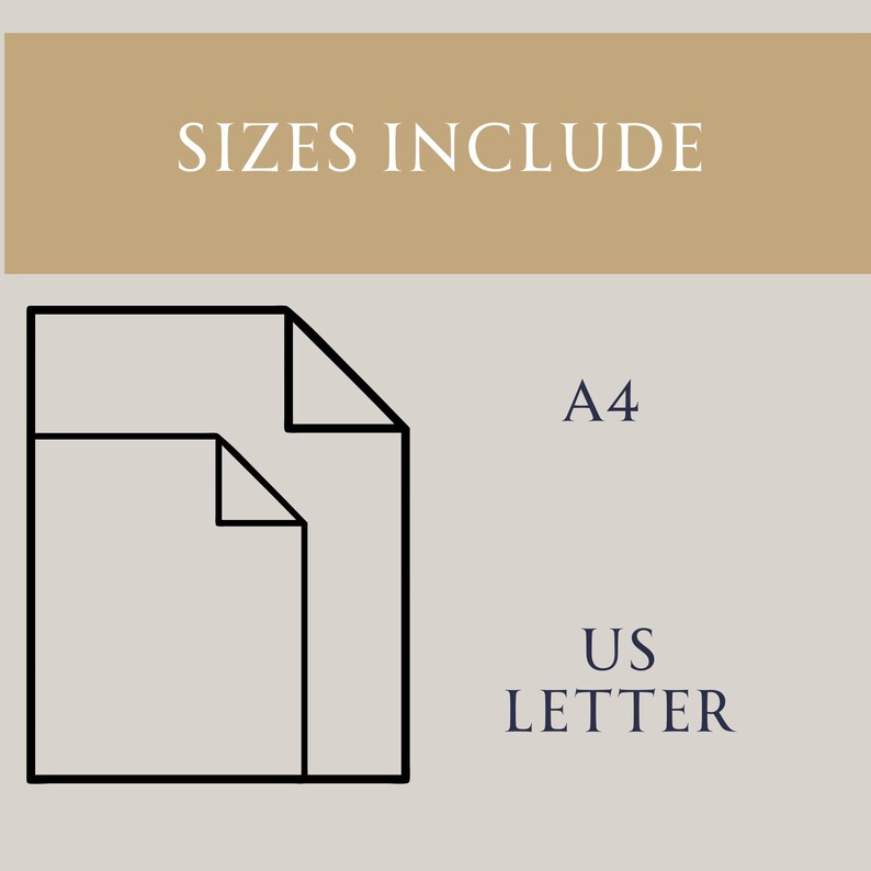 May include: Image showing paper size options. The text "SIZES INCLUDE" is at the top. Below, a diagram of two paper sizes is shown, with the text "A4" and "US LETTER" to the right of the diagram.