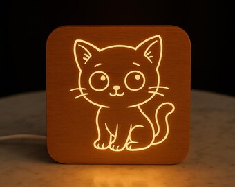 LED Cat Night Light Wooden Decorative Table Lamp