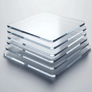 Puede incluir: Una pila de seis paneles de vidrio cuadrados y transparentes con esquinas redondeadas. Los paneles están apilados uno encima del otro, creando un efecto de capas. El vidrio es transparente, reflejando la luz y creando una sensación de profundidad.